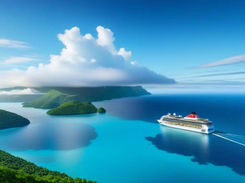 Un crucero moderno navega en aguas turquesas rodeado de islas verdes bajo un cielo azul