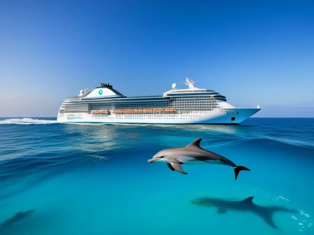 Un crucero moderno navega en aguas turquesas con delfines