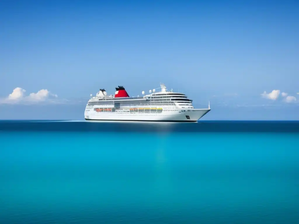 Un crucero moderno navega en aguas turquesas, reflejando el cielo despejado