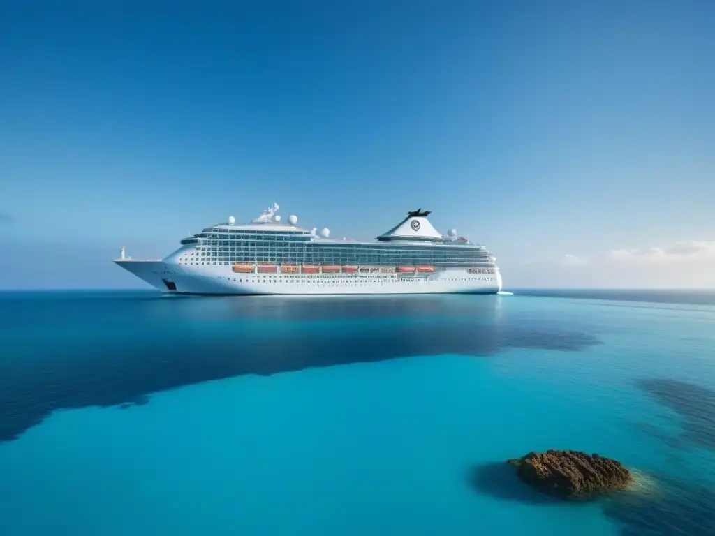 Un crucero moderno surca aguas turquesas tranquilas bajo cielo azul