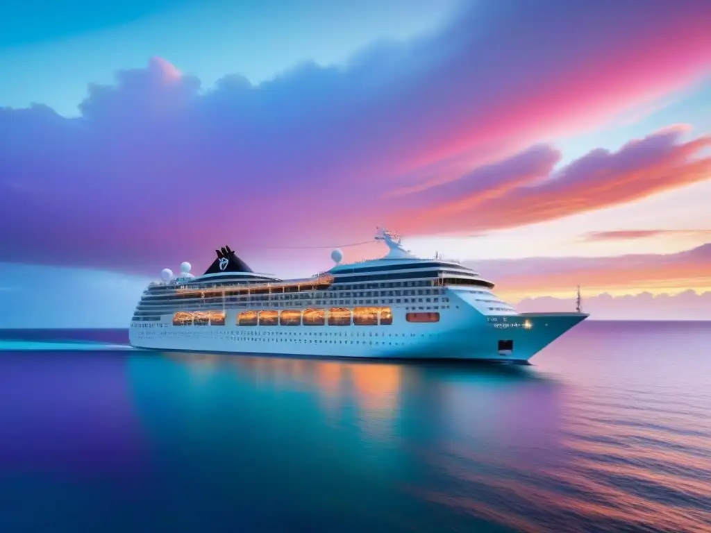 Un crucero moderno surca aguas turquesas al atardecer, reflejando lujo y tranquilidad