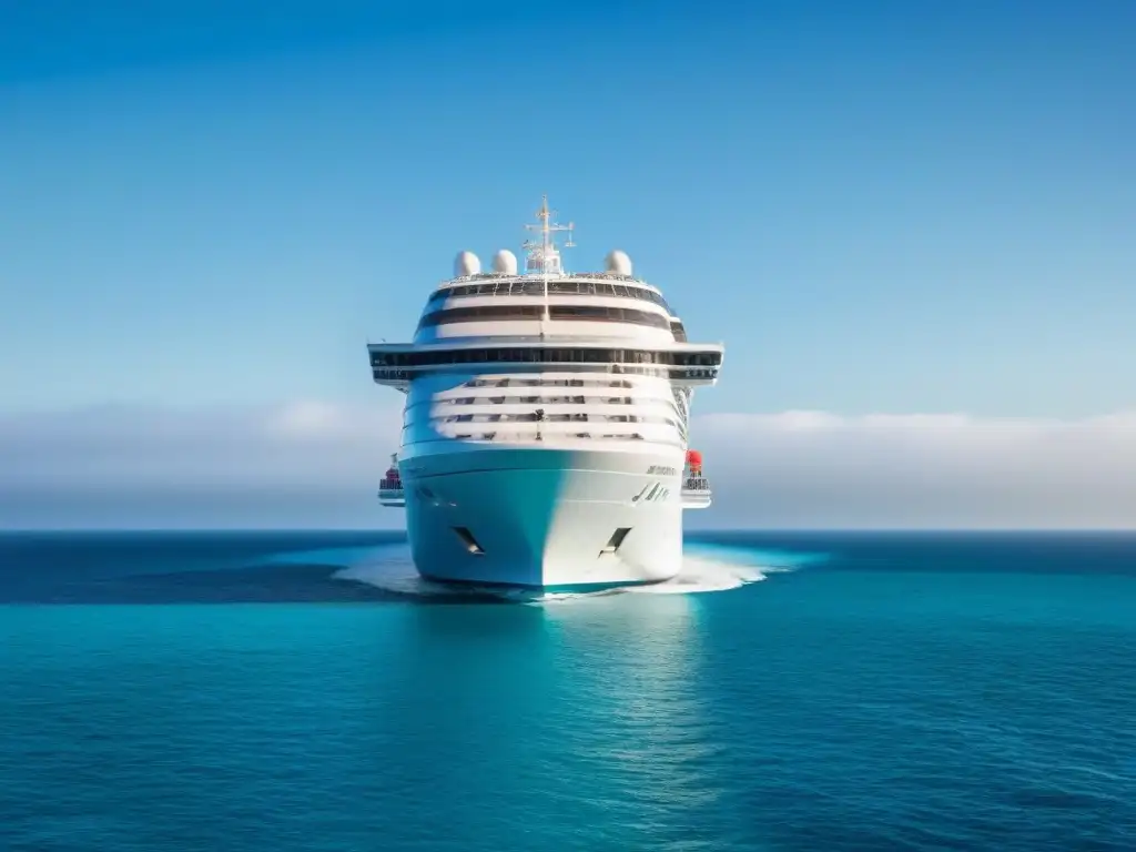 Un crucero moderno surca aguas turquesas bajo un cielo azul, reflejando lujo y aventura