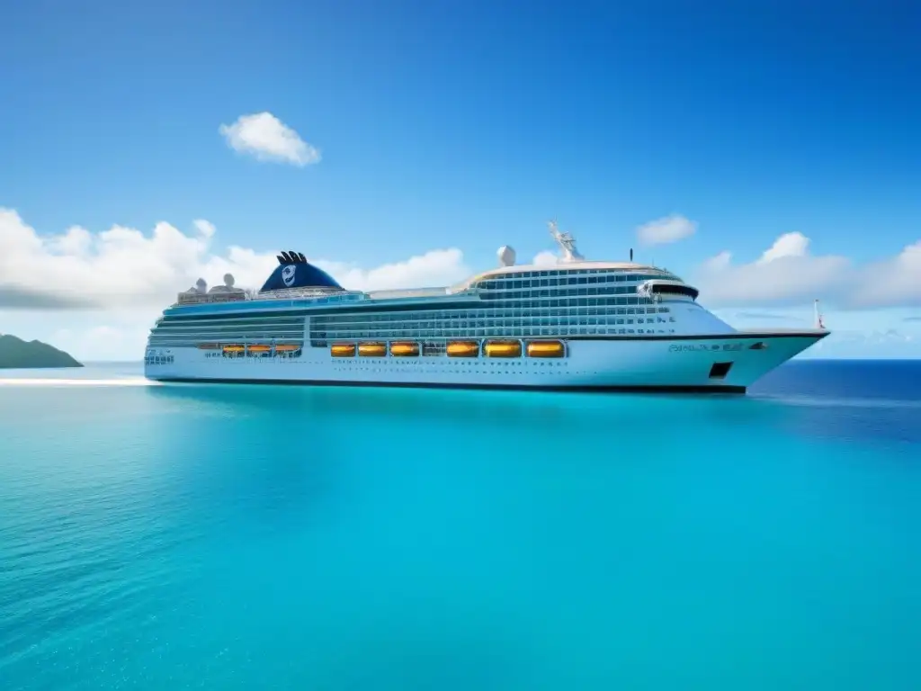 Un crucero moderno navegando en aguas turquesas rodeado de islas verdes, transmitiendo un ambiente de prácticas sostenibles en cruceros