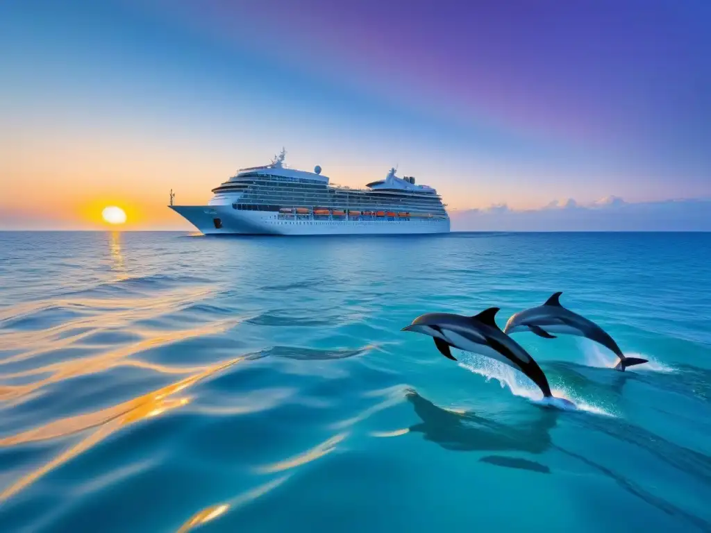 Un crucero moderno navegando en aguas turquesas al atardecer, rodeado de delfines