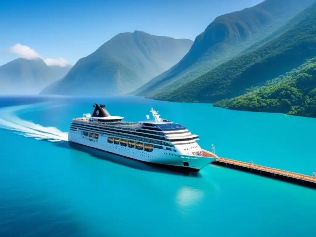 Un crucero moderno navegando en aguas turquesas, rodeado de montañas verdes bajo un cielo azul