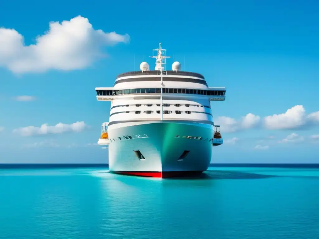 Un crucero moderno navegando en aguas turquesas bajo un cielo azul, rodeado de nubes blancas