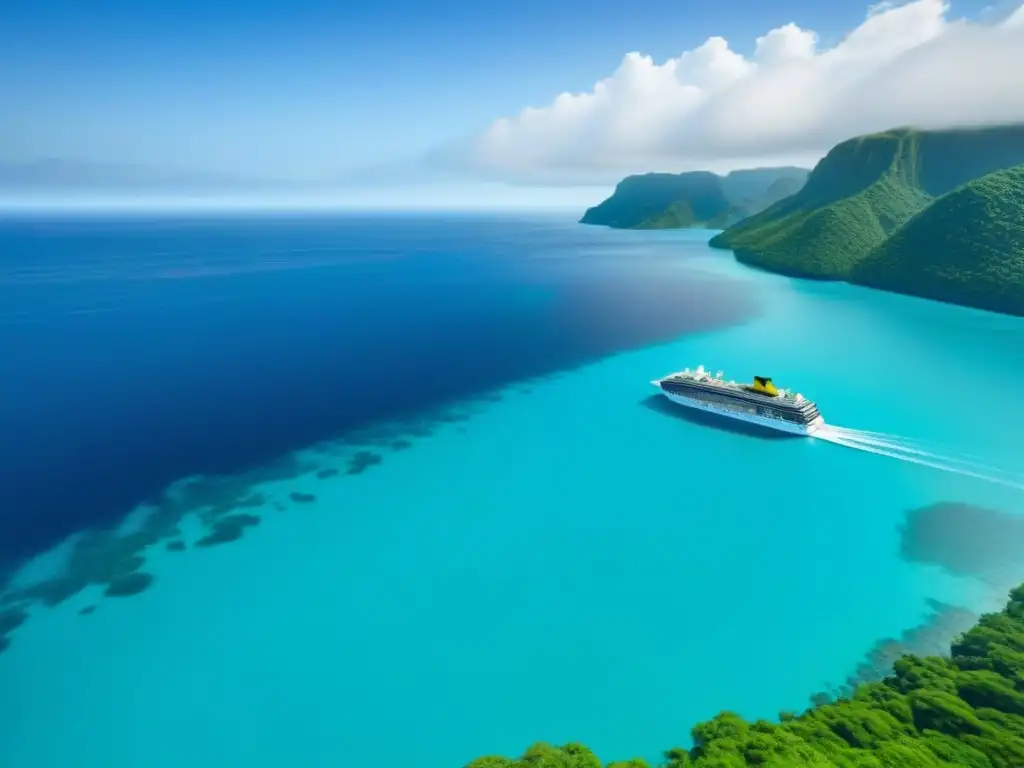 Un crucero moderno navega en aguas turquesas, rodeado de vegetación, con detalles verdes