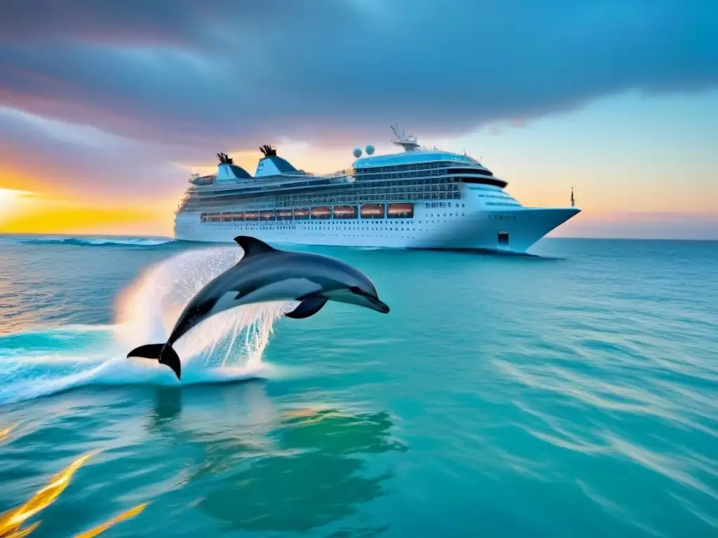 Un crucero moderno en aguas turquesas, con delfines jugando