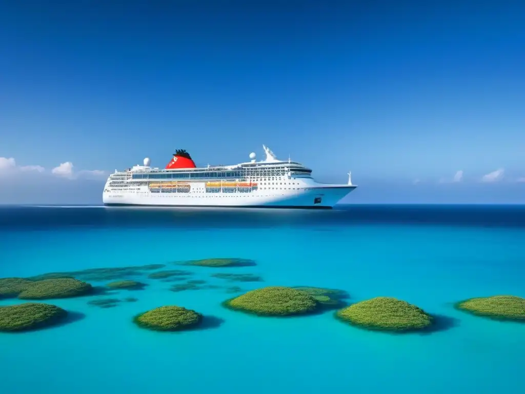 Un crucero moderno surca aguas turquesas bajo un cielo azul, con símbolos educativos