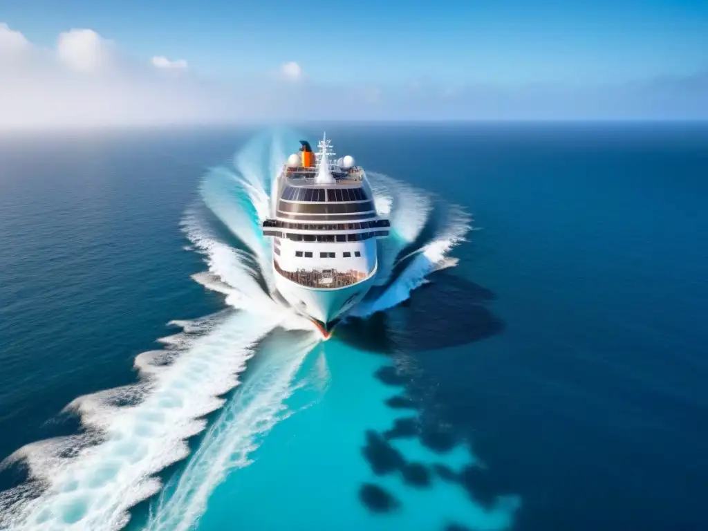 Un crucero moderno surca aguas turquesas con paneles solares y turbinas eólicas, mostrando su compromiso con la navegación sostenible