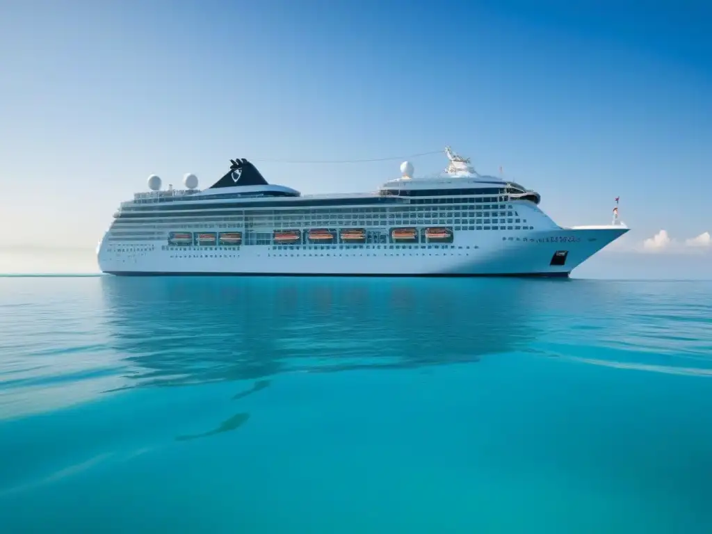 Un crucero moderno navega en aguas turquesas bajo un cielo despejado, reflejando armonía con el entorno natural