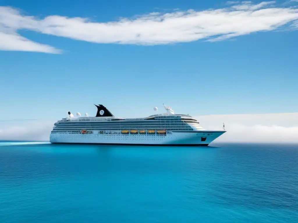 Un crucero moderno navegando en aguas turquesas bajo un cielo azul, reflejando luz solar