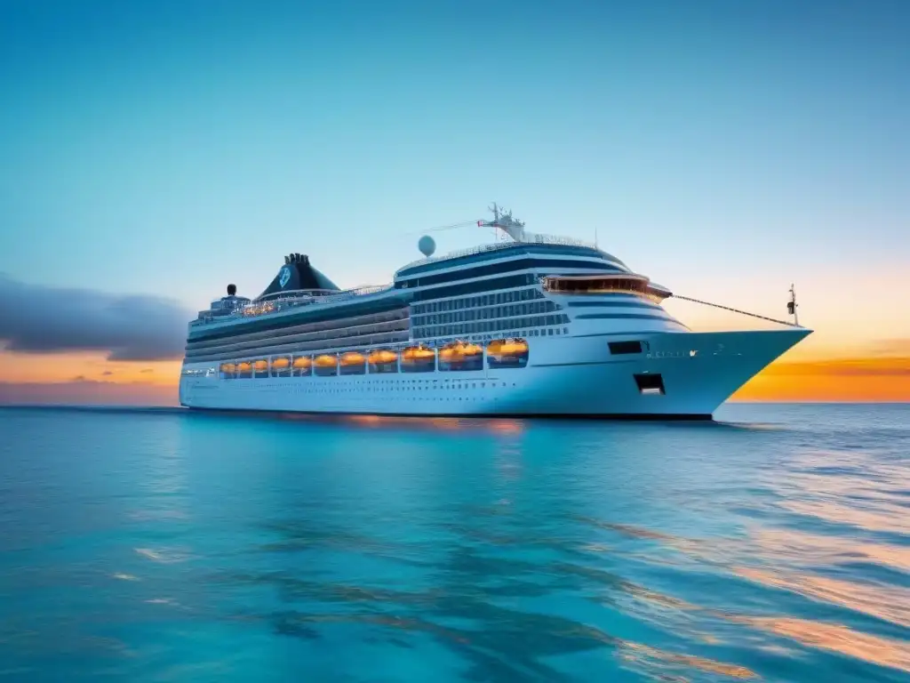 Crucero de lujo al atardecer en aguas turquesas Un crucero moderno navega en aguas turquesas al atardecer, transmitiendo innovación en cruceros turísticos