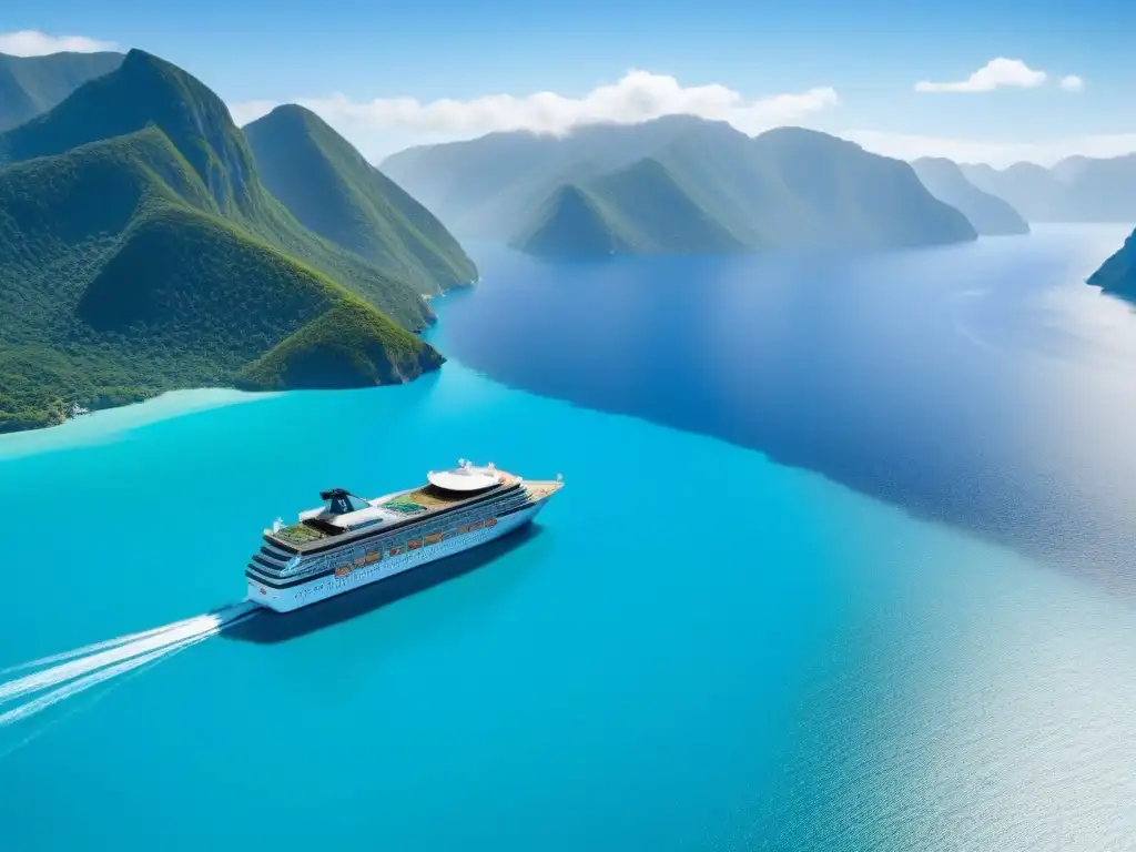 Un crucero moderno navega en aguas turquesas con diseño sostenible y paisaje natural