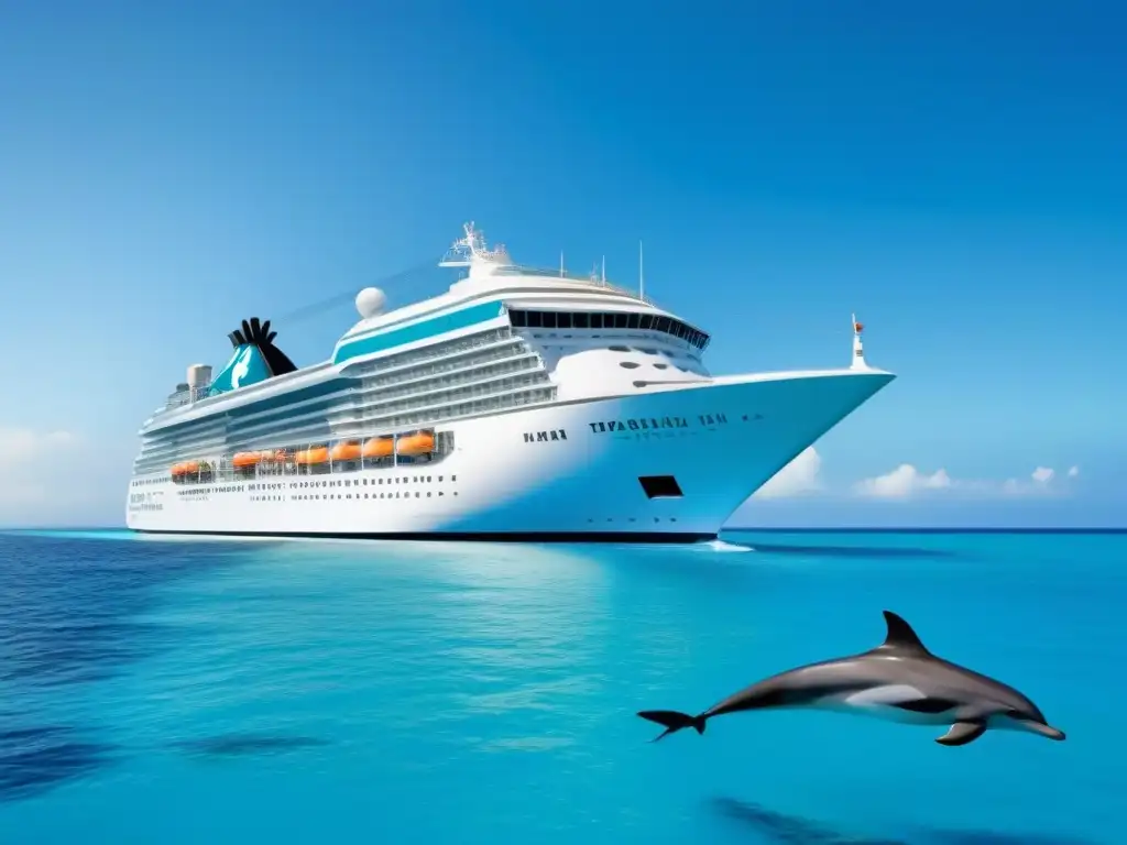 Crucero moderno en aguas turquesas con delfines Un crucero moderno navega entre aguas turquesas, acompañado por delfines, en una escena serena que promueve reducir desperdicio en cruceros marítimos