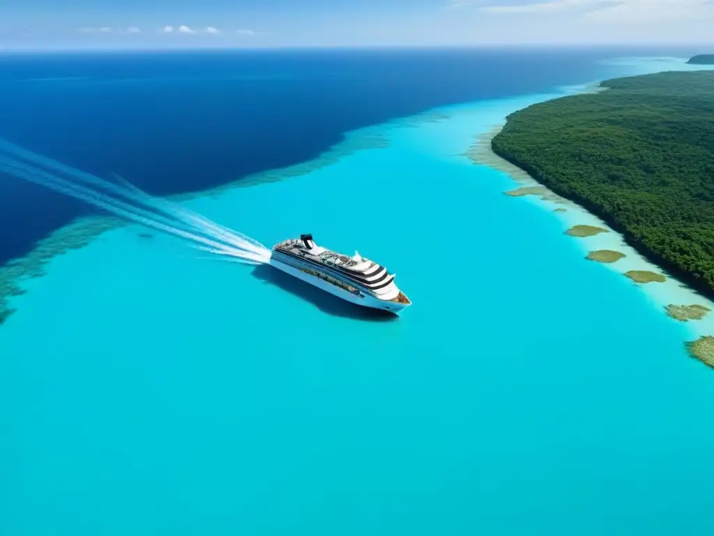 Un crucero moderno en aguas turquesas rodeado de vegetación, reflejando lujo y armonía con la naturaleza