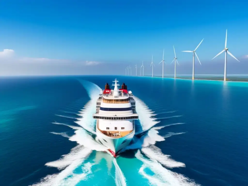 Un crucero moderno navegando en aguas turquesas con paneles solares y turbinas eólicas, simbolizando innovaciones en eficiencia energética de cruceros