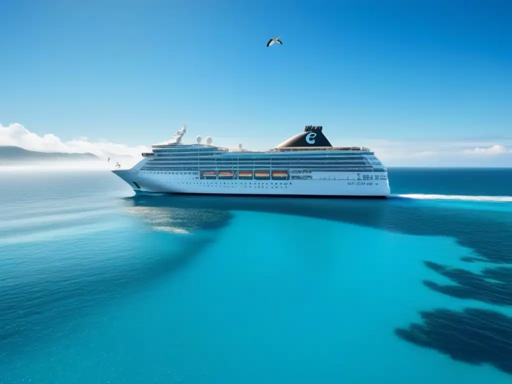 Un crucero moderno navega en aguas turquesas, bajo un cielo azul y gaviotas