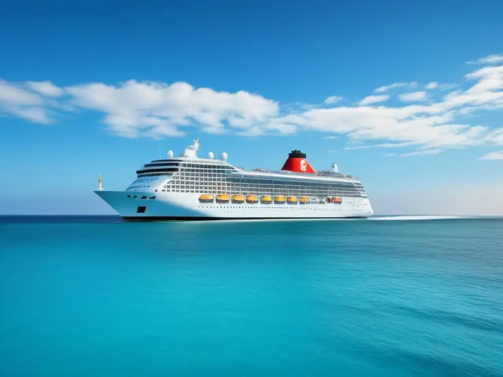 Un crucero moderno surcando aguas turquesas con un cielo azul y nubes blancas, reflejando tranquilidad