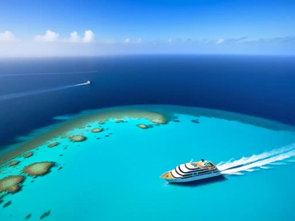 Crucero futurista surcando aguas cristalinas con propulsión avanzada Un crucero moderno avanza suavemente por aguas turquesas, con tecnología de propulsión limpia y vida marina vibrante