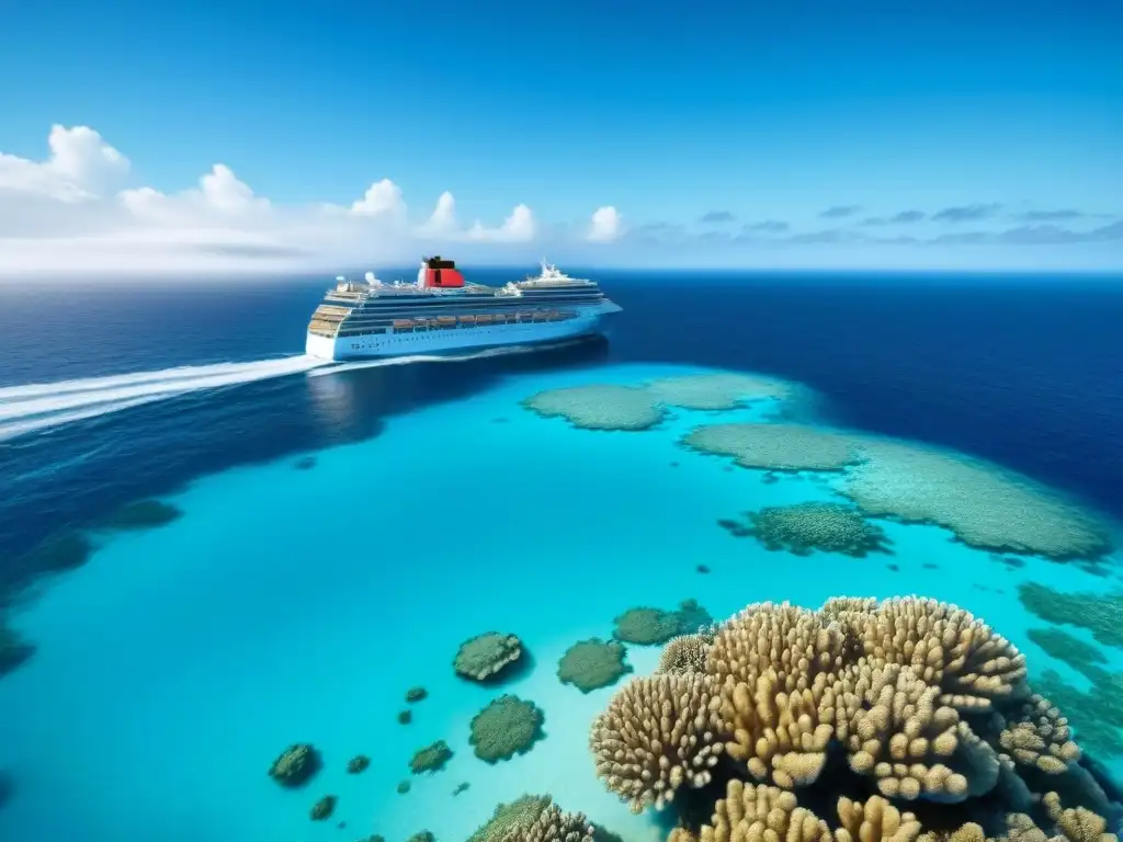 Crucero moderno surcando aguas turquesas con arrecife de coral vibrante Un crucero moderno surcando aguas turquesas, revelando un arrecife de coral vibrante