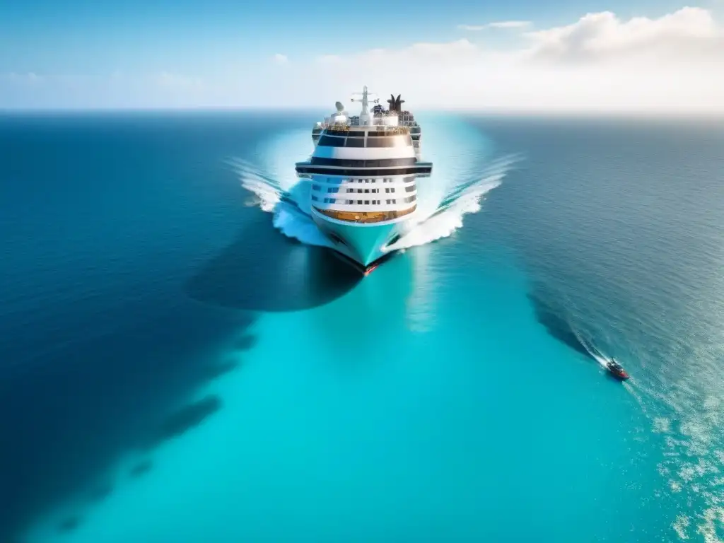 Un crucero moderno anclado en aguas turquesas, con una gota suspendida en el aire, simbolizando la gestión del agua en cruceros