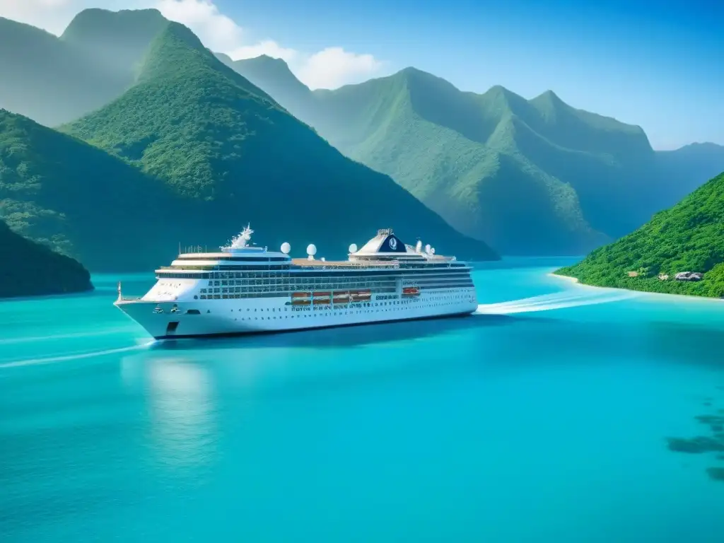 Un crucero moderno en armonía con aguas turquesas y montañas verdes bajo un cielo azul