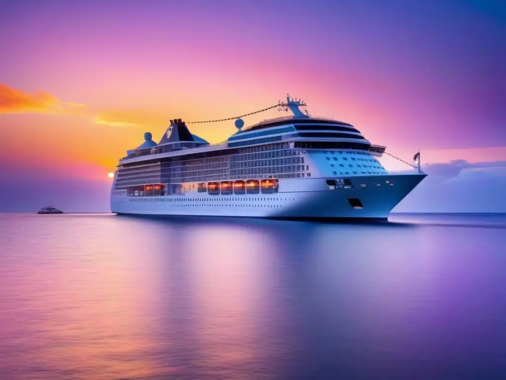 Un crucero moderno navegando en armonía con su entorno natural al atardecer, destacando prácticas sostenibles en cruceros