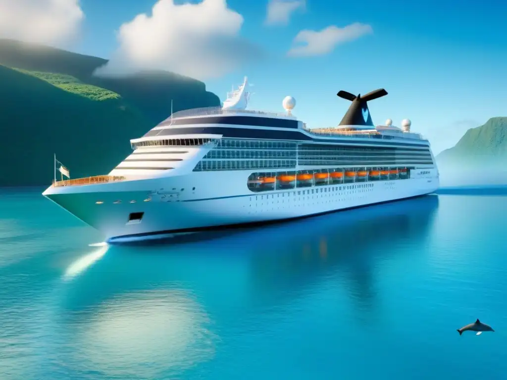 Un crucero moderno navega en armonía con la naturaleza, rodeado de vida marina y vegetación exuberante