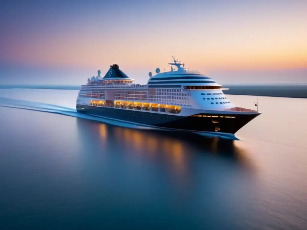 Un crucero moderno navegando al atardecer en aguas tranquilas, reflejando la luz del sol