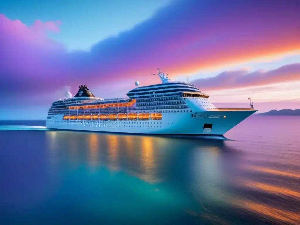 Un crucero moderno navegando al atardecer en aguas turquesas, en una atmósfera de lujo y serenidad