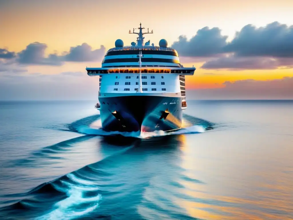 Un crucero moderno navegando al atardecer en aguas azules, reflejando los colores vibrantes del cielo