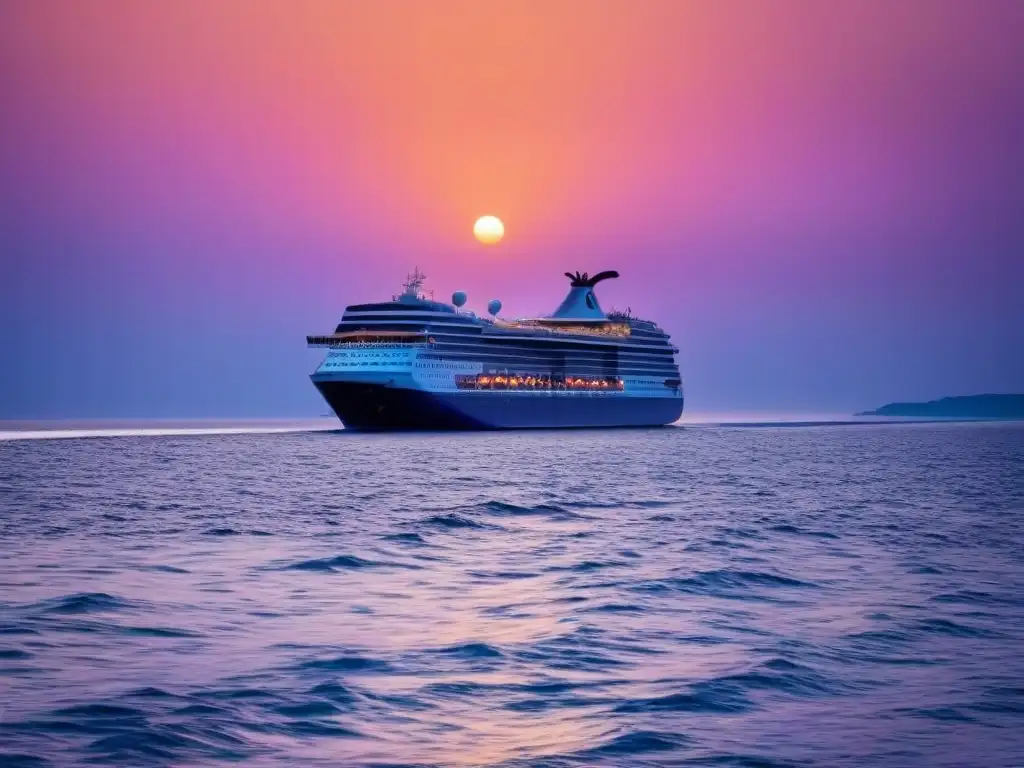 Un crucero moderno surcando un atardecer de colores vibrantes sobre el mar, para experiencias únicas a bordo cruceros