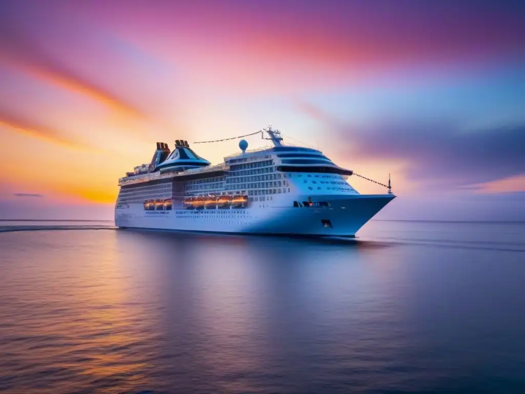 Un crucero moderno navegando bajo un atardecer colorido