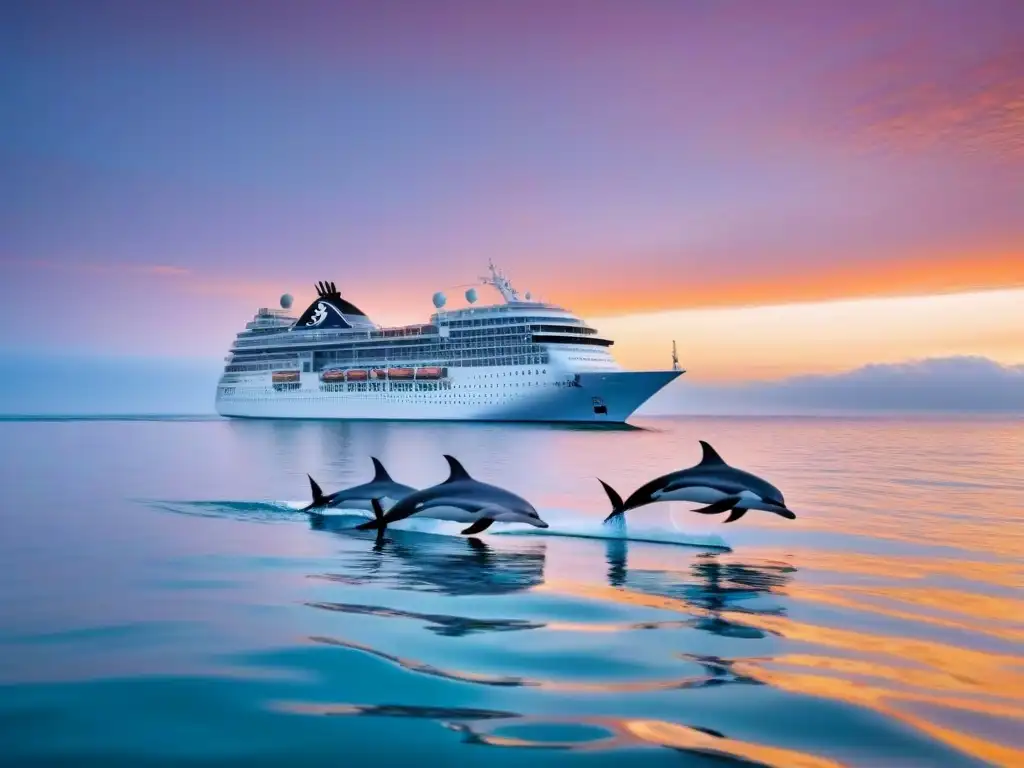 Un crucero moderno navega hacia un atardecer impresionante acompañado de delfines y gaviotas