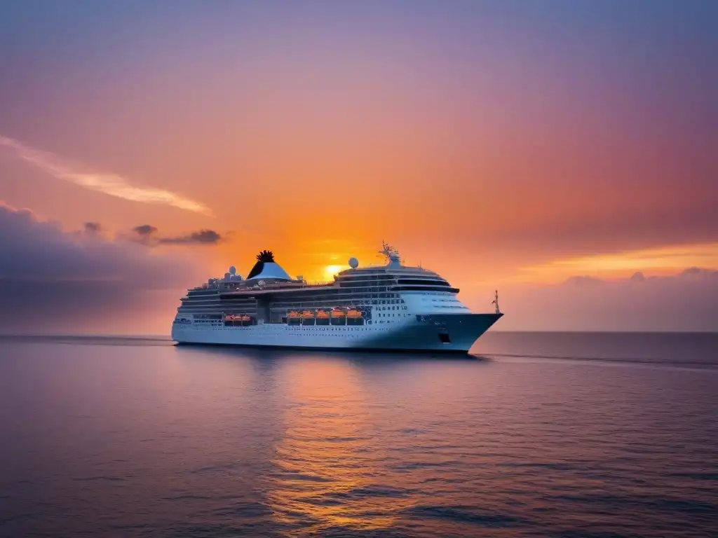 Un crucero moderno al atardecer, reflejando tranquilidad y lujo en el mar