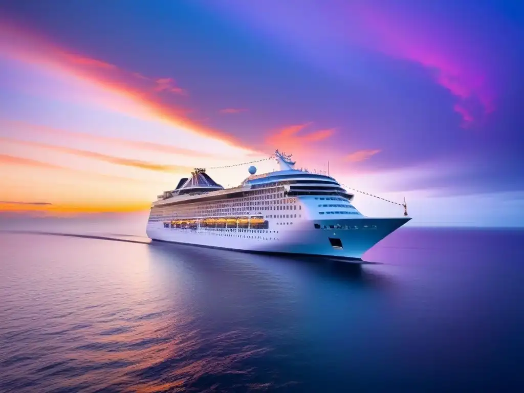 Un crucero moderno navega serenamente al atardecer