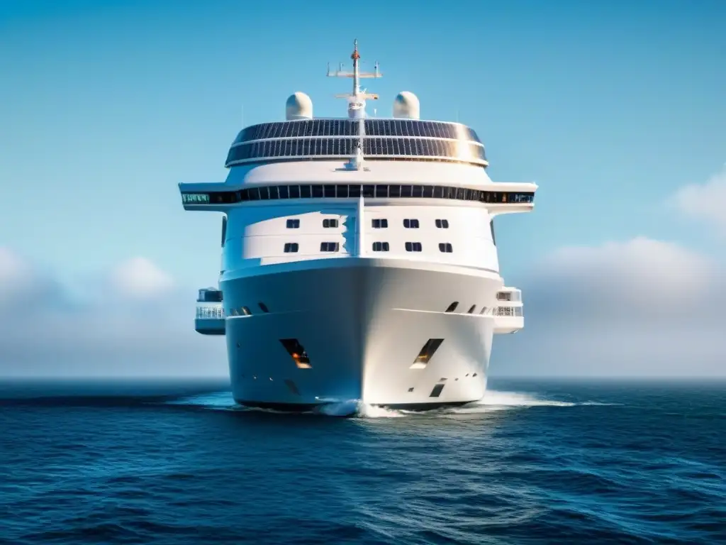 Un crucero moderno con avanzados sistemas de gestión de residuos navegando en un mar tranquilo y cristalino, bajo un cielo despejado