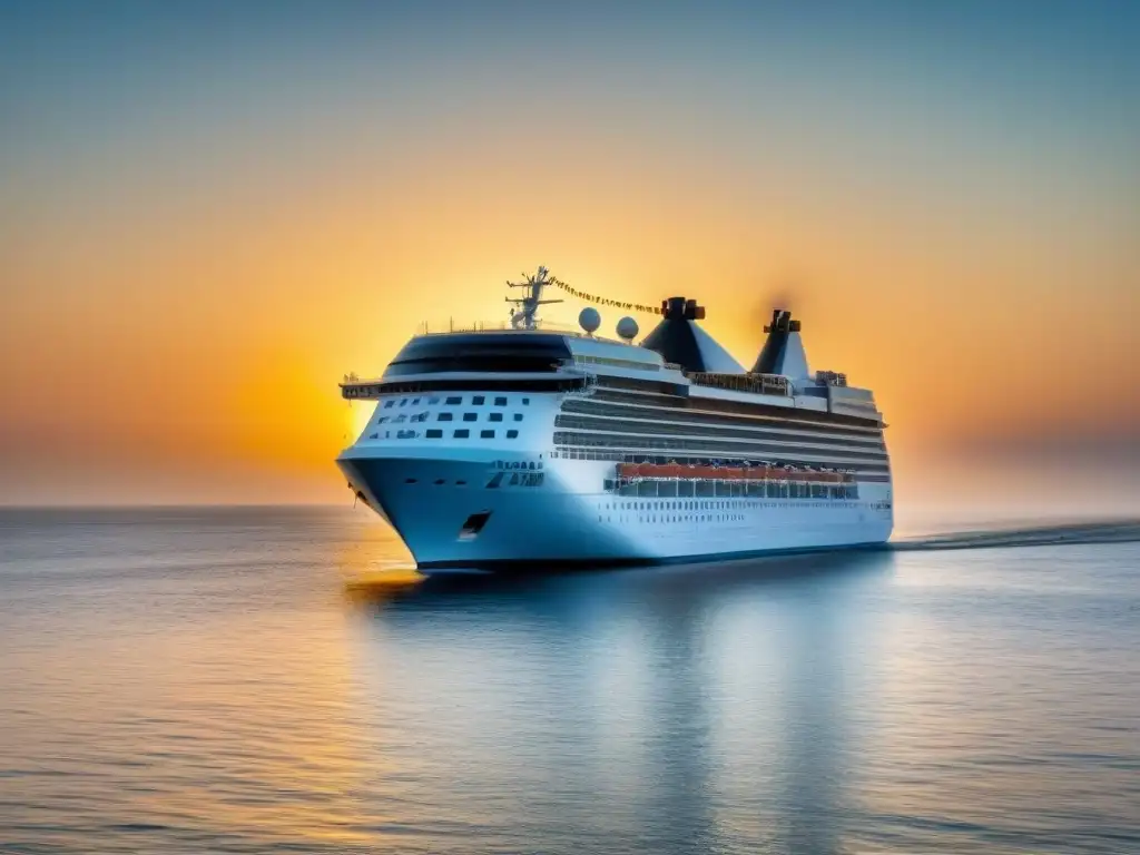 Un crucero moderno navega bajo un cielo azul, con un atardecer dorado sobre aguas tranquilas