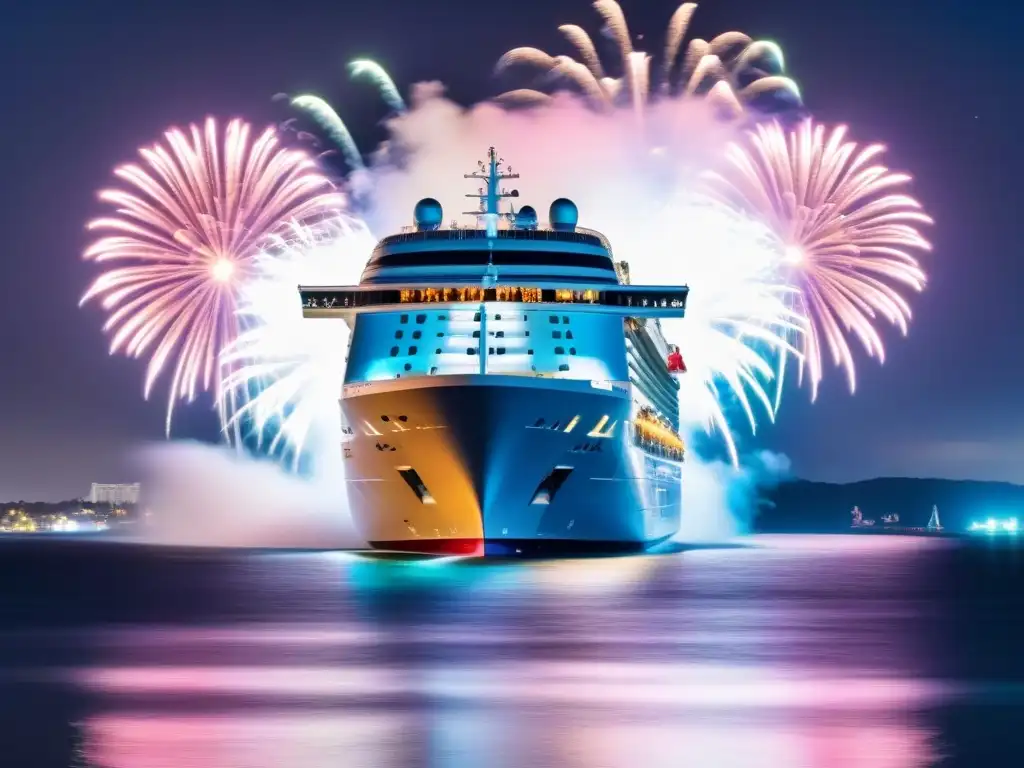 Un crucero moderno bajo un cielo estrellado con luces vibrantes y fuegos artificiales lejanos, reflejando en aguas tranquilas