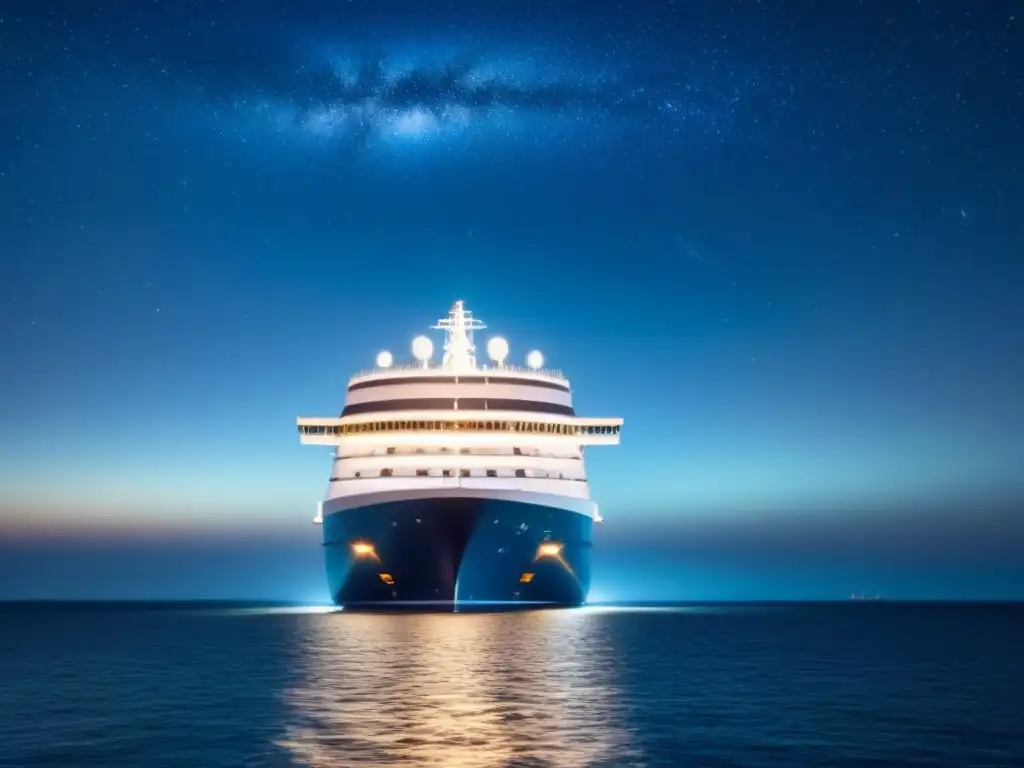 Un crucero moderno navega bajo un cielo estrellado con tecnología de internet, simbolizando 'Servicios de internet en cruceros'