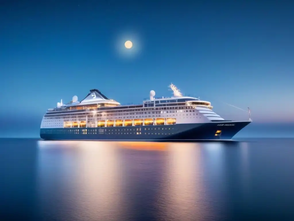 Un crucero moderno navega bajo un cielo estrellado mientras un satélite proporciona servicios de internet en cruceros