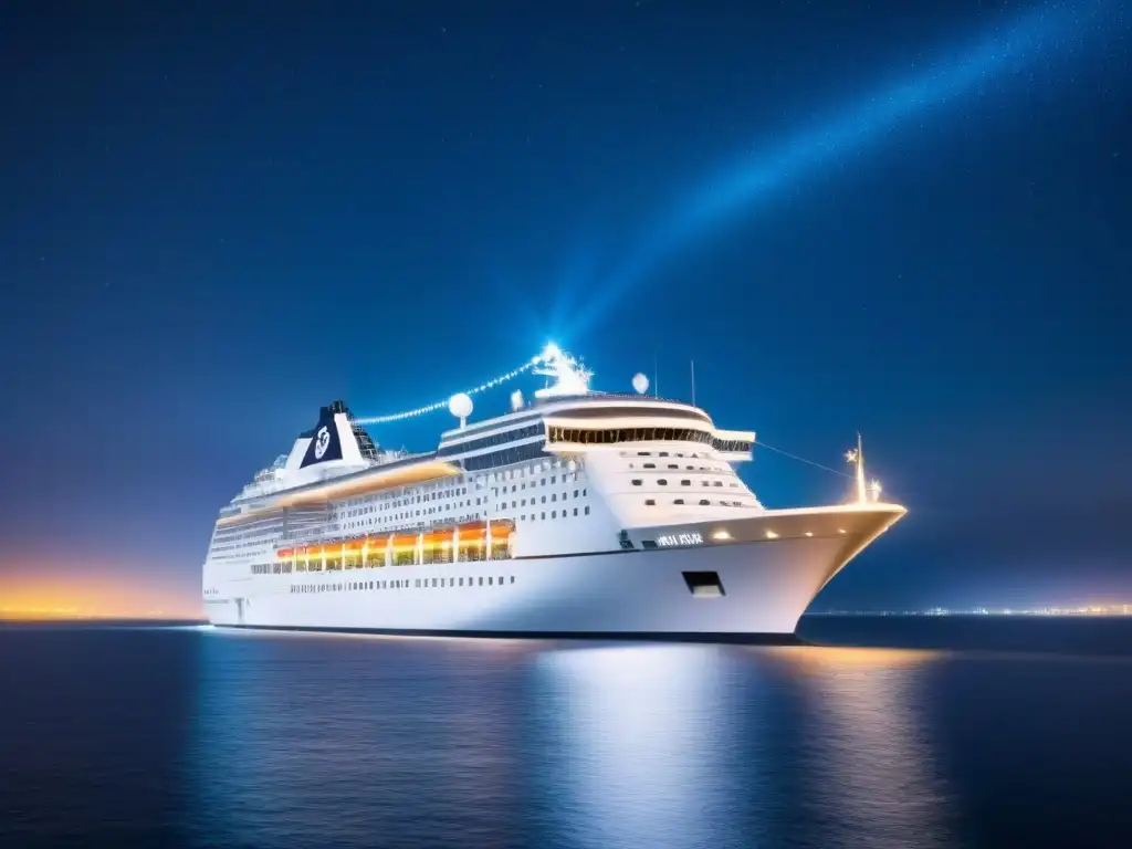 Un crucero moderno navegando bajo un cielo estrellado, con protocolos de seguridad evolucionados sutilmente integrados en su diseño