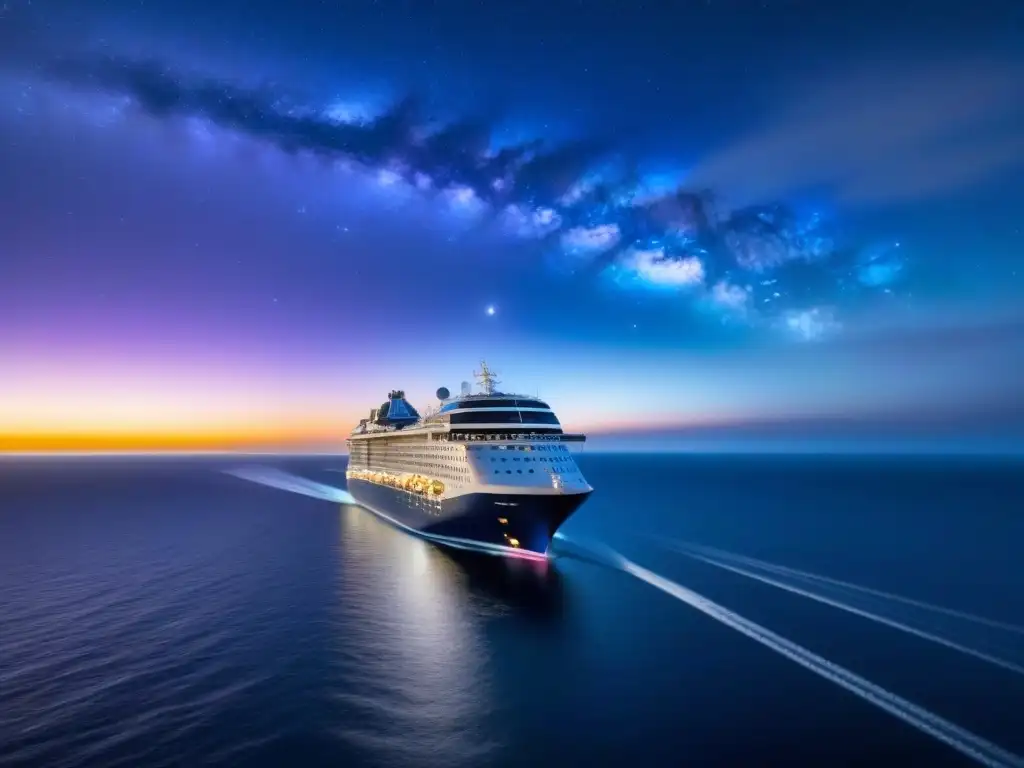 Un crucero moderno navega bajo un cielo estrellado