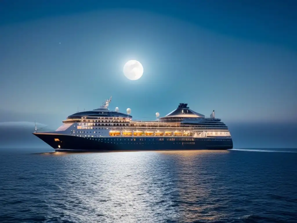 Un crucero moderno navegando bajo un cielo estrellado, iluminado por la luna en el mar tranquilo