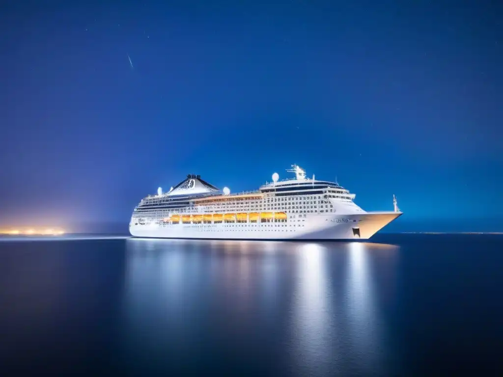 Un crucero moderno navega bajo un cielo estrellado, iluminado con luces suaves