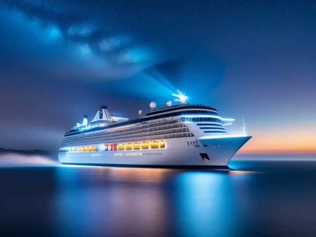 Un crucero moderno navega bajo un cielo estrellado, protegido por un escudo digital