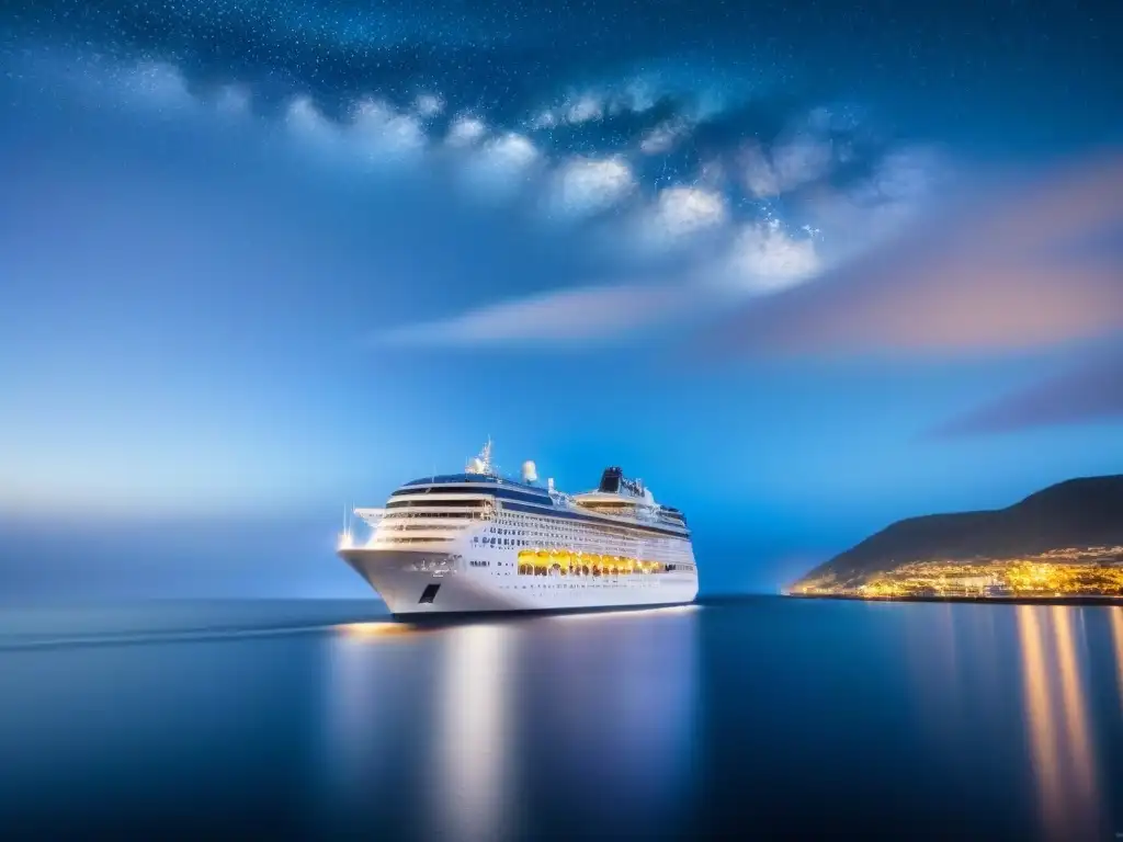 Un crucero moderno navega bajo un cielo estrellado, iluminado con suave luz