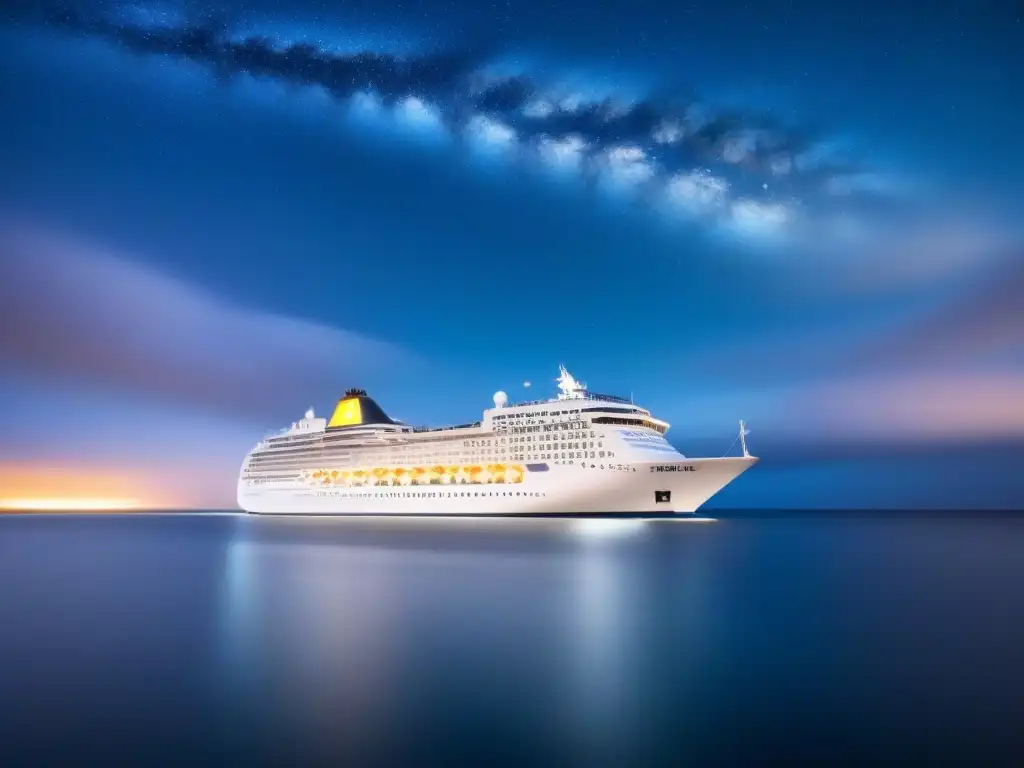 Un crucero moderno navega bajo un cielo estrellado, con un símbolo de seguridad digital