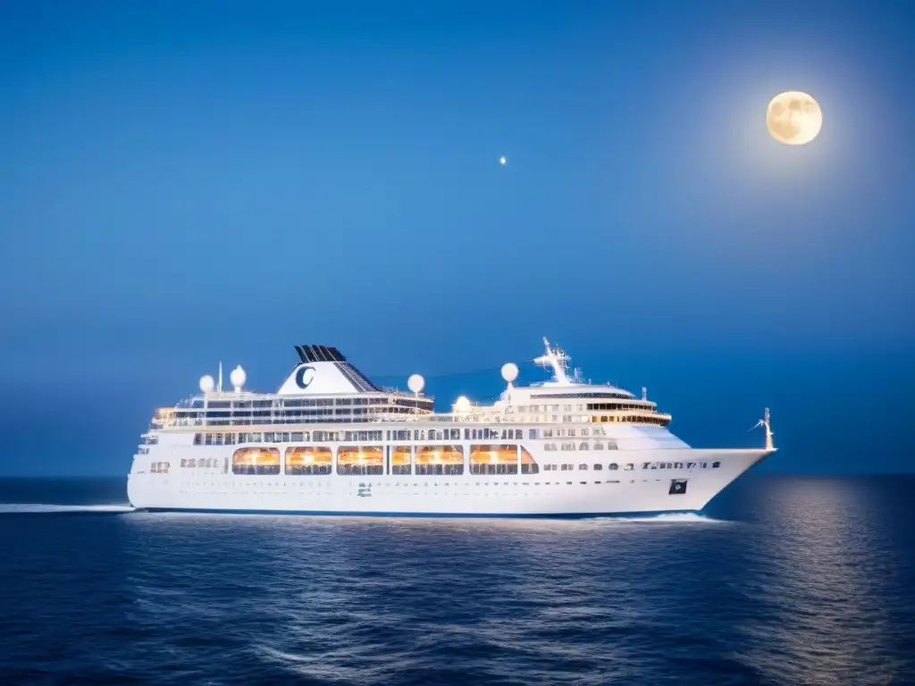 Un crucero moderno navega bajo un cielo estrellado mientras pasajeros disfrutan clases de música